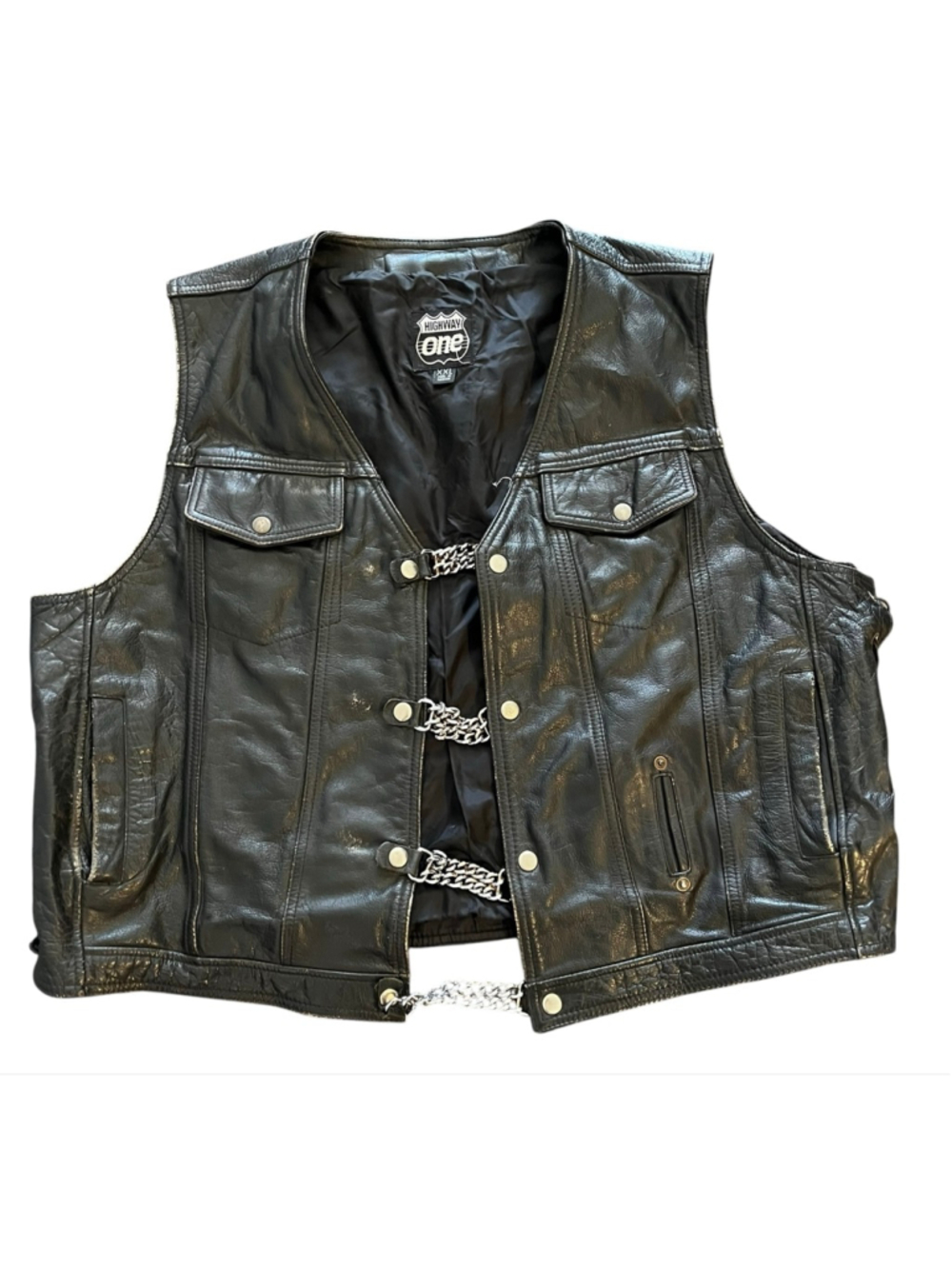 VTG Highway One Men's XXL Black Leather Motorcycle Vest Chain Closures Biker